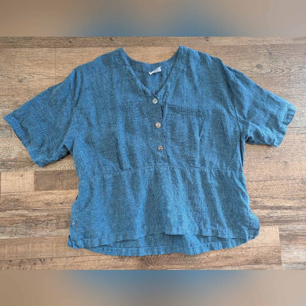 Vintage 100% Linen Blue Button Blouse Size Medium Click by Color Me Cotton